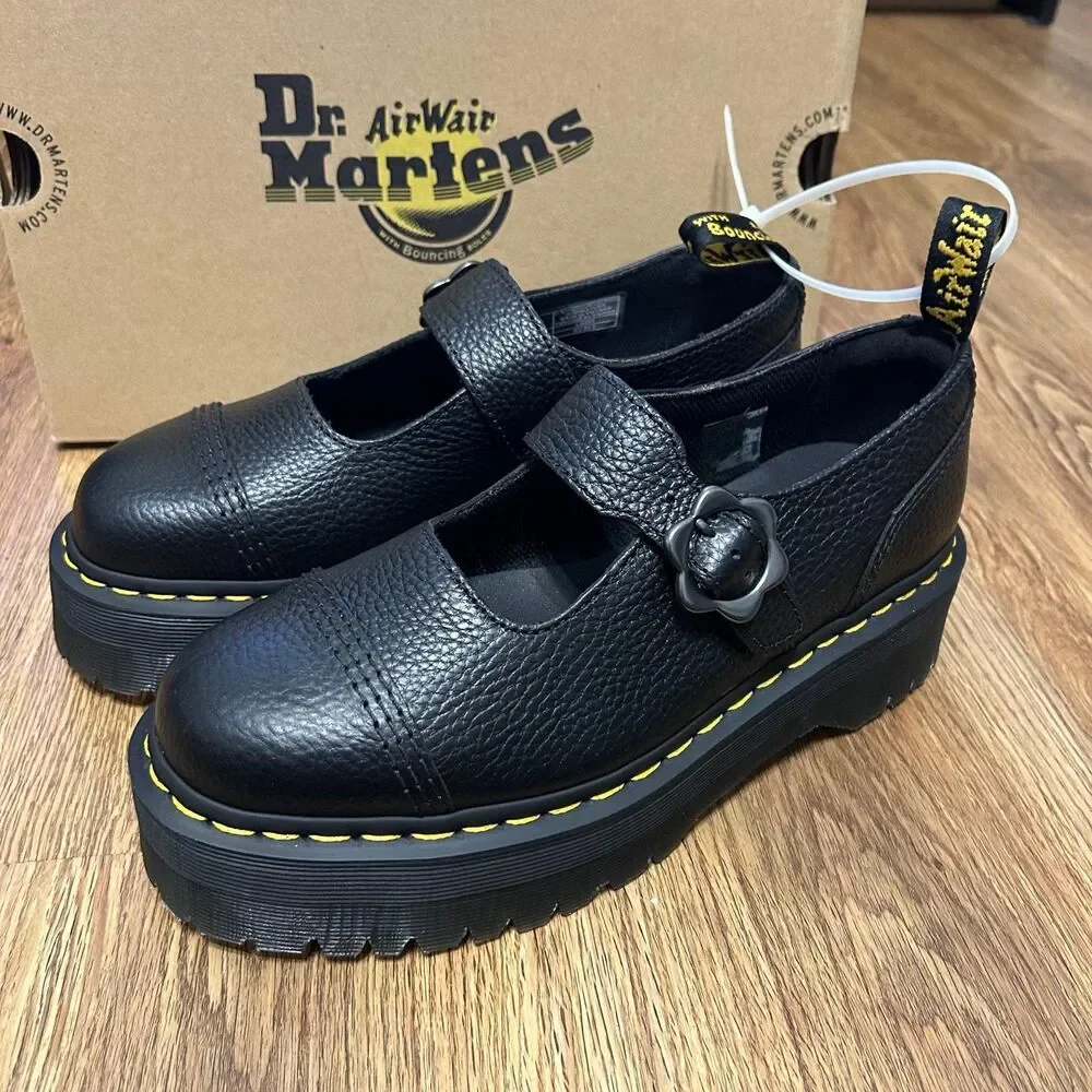 DR MARTENS Addina flower buckle black leather platform Mary Jane shoes sz 8 new